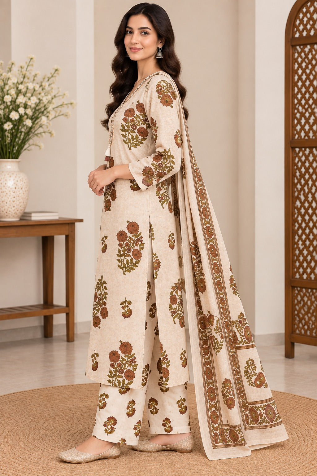 Women's Off-White Floral Print Straight Kurta Pant With Dupatta Set