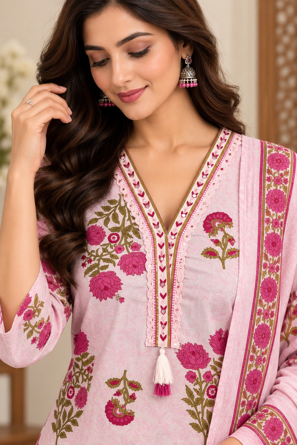 Women's Pink Floral Print Straight Kurta Pant With Dupatta Set