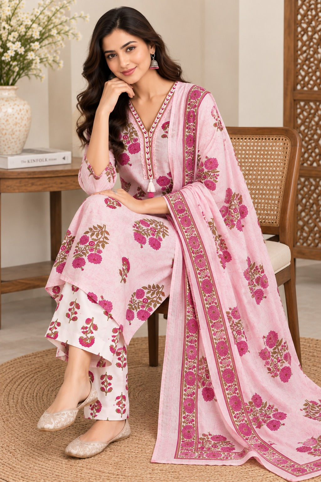 Women's Pink Floral Print Straight Kurta Pant With Dupatta Set