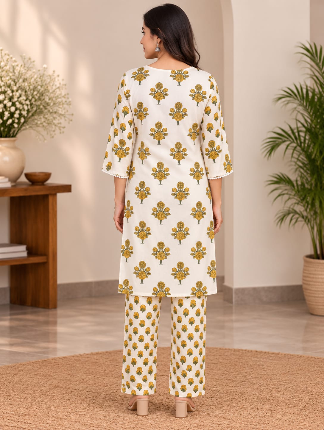 Women's Cream & Mustard Floral Printed Cotton Short Kurta With Trouser Set