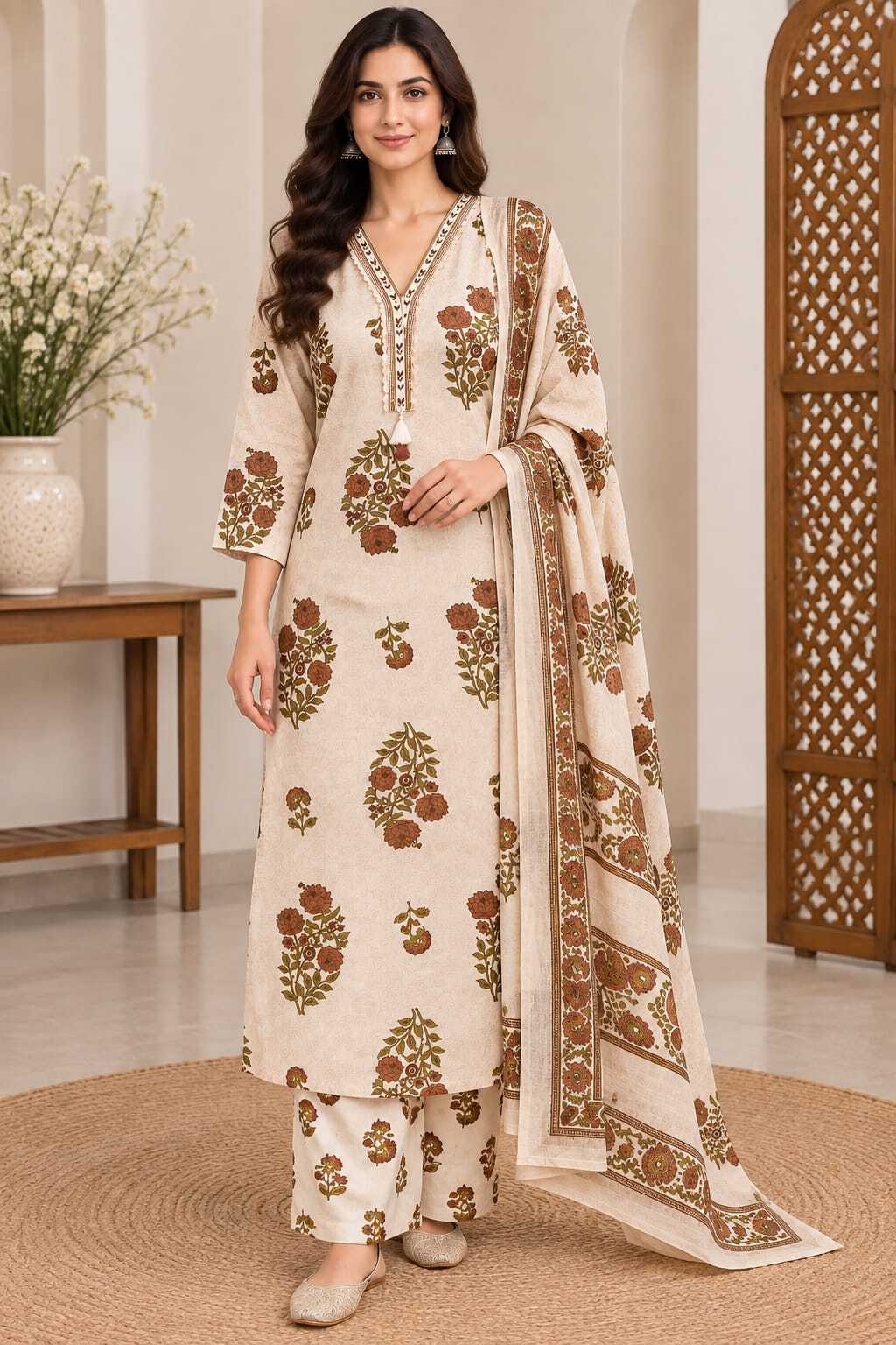 Women's Off-White Floral Print Straight Kurta Pant With Dupatta Set