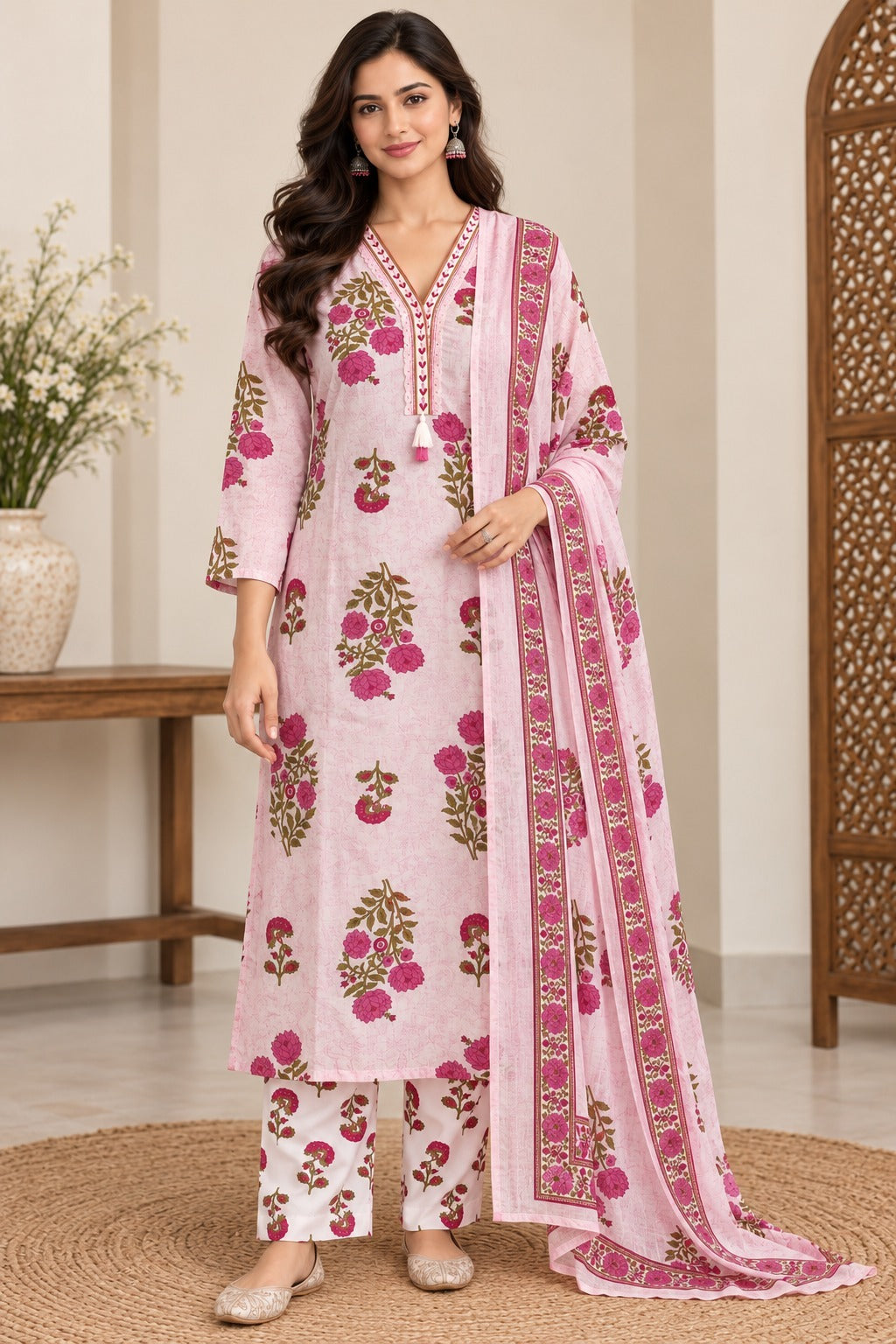 Women's Pink Floral Print Straight Kurta Pant With Dupatta Set