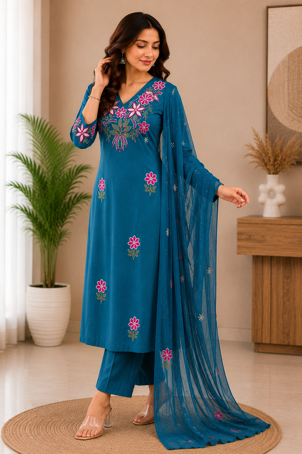 Women's Rama Green Embroidered Cotton Kurta With Pant & Dupatta Set