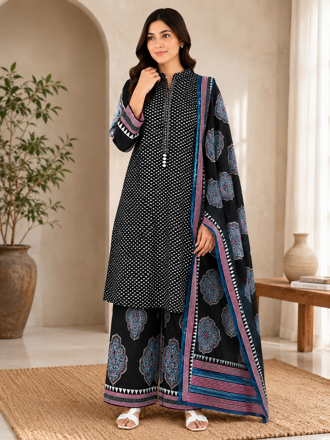Women's Black Straight Cotton Kurta With Palazzo & Dupatta Set