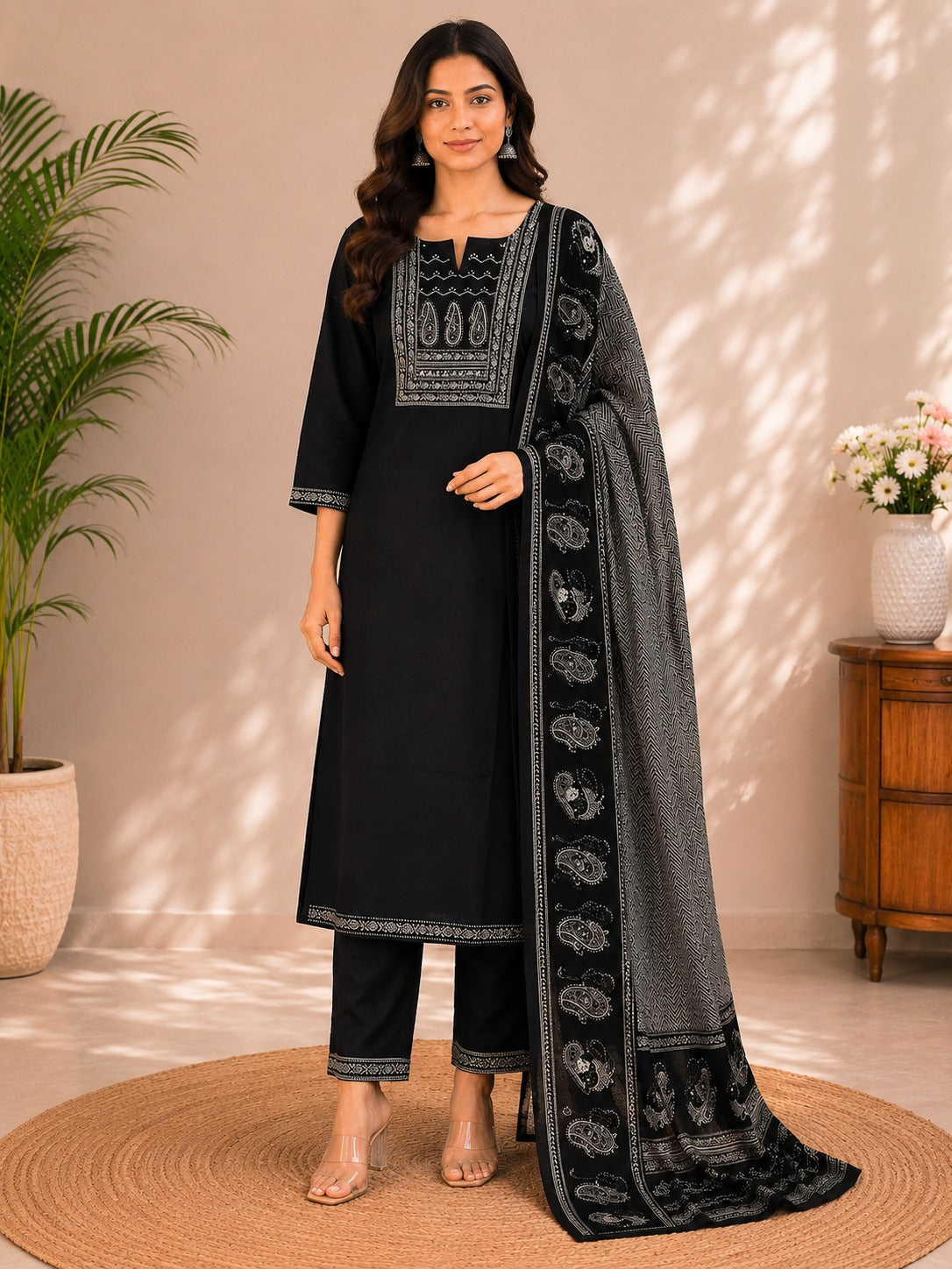 Women's Black Cotton Kurta Pant & Dupatta Set