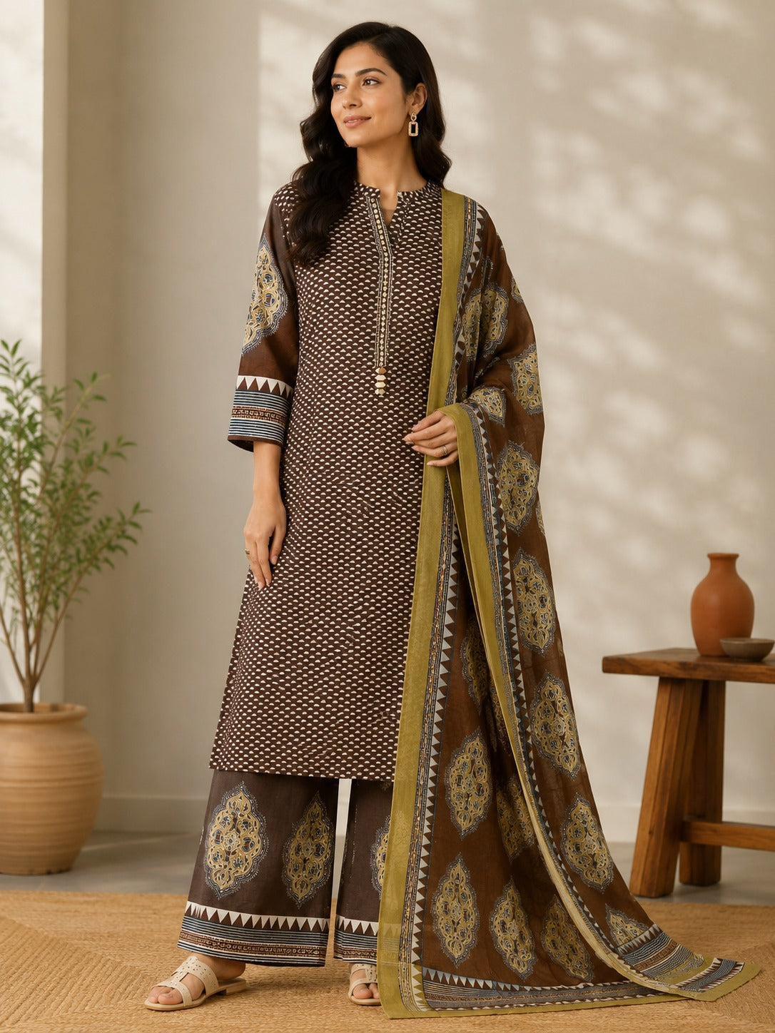 Women's Brown Straight Cotton Kurta With Palazzo & Dupatta Set