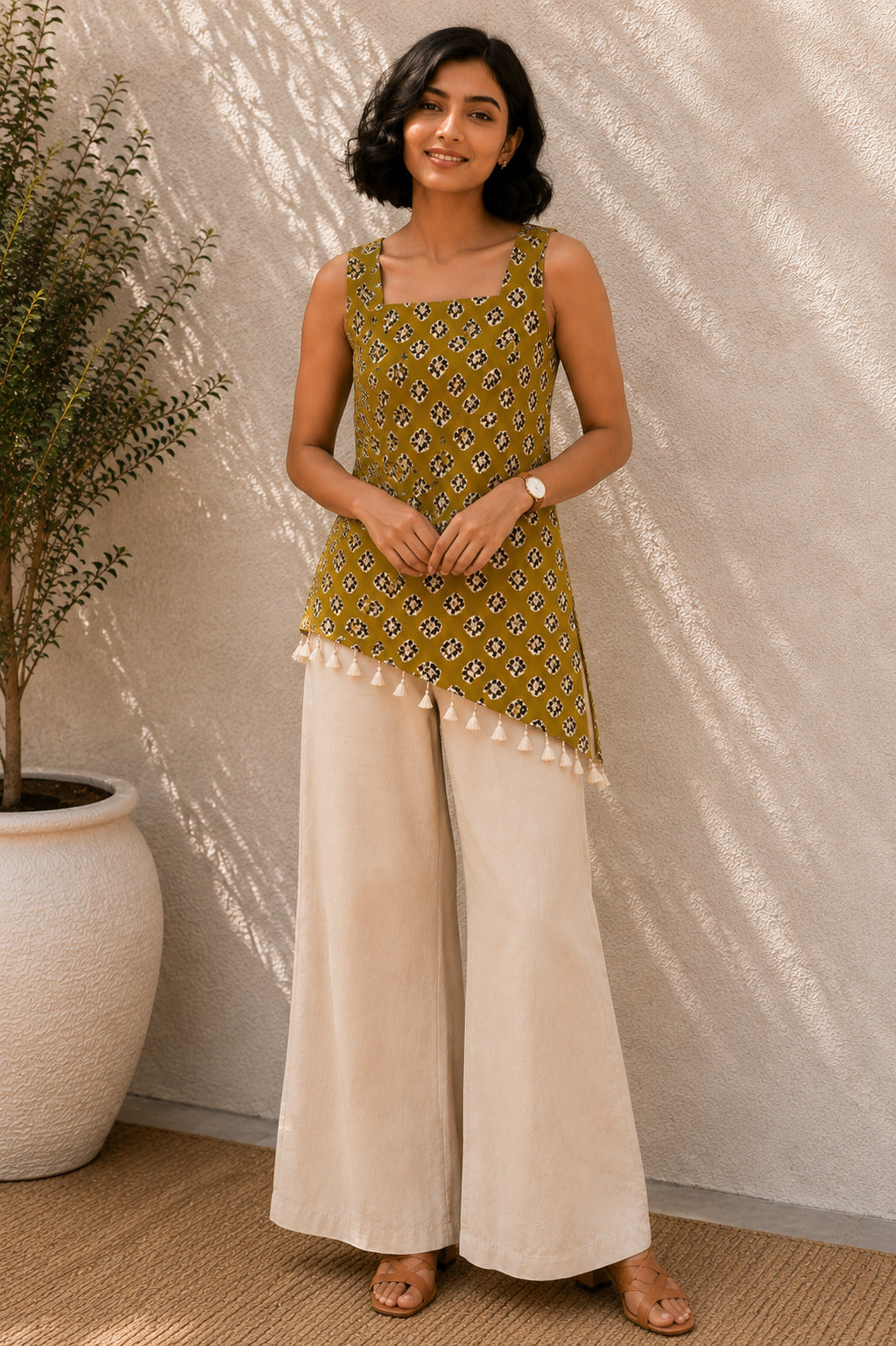Women's Printed Asymmetric Green Top With Tassel Hem