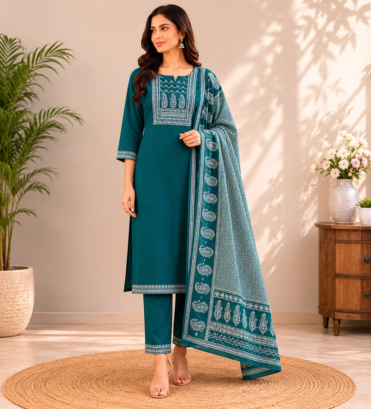 Women's Turquoise Blue Cotton Kurta Pant & Dupatta Set
