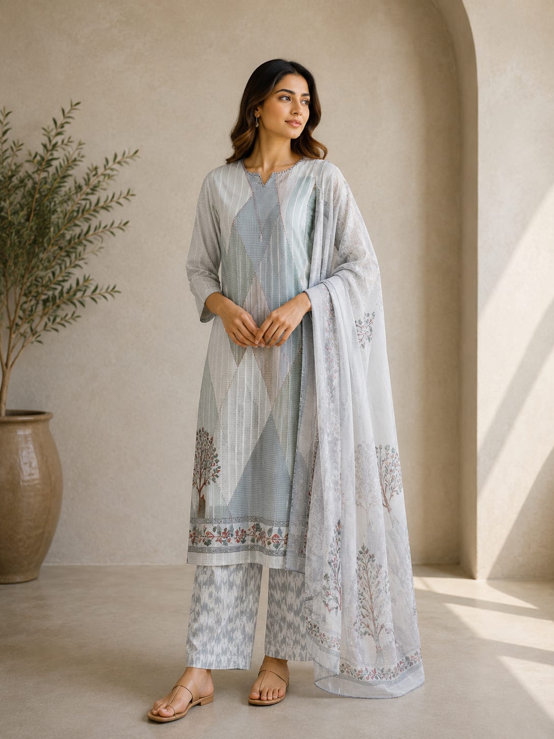 Women's Grey Sequined Cotton Kurta With Pant & Dupatta Set