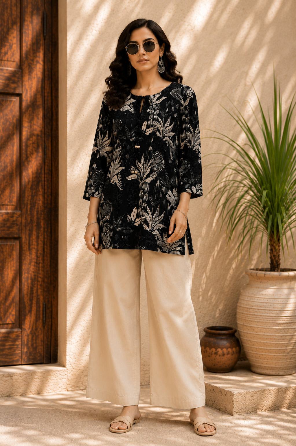 Women's Black Floral Printed Flared Sleeve Top