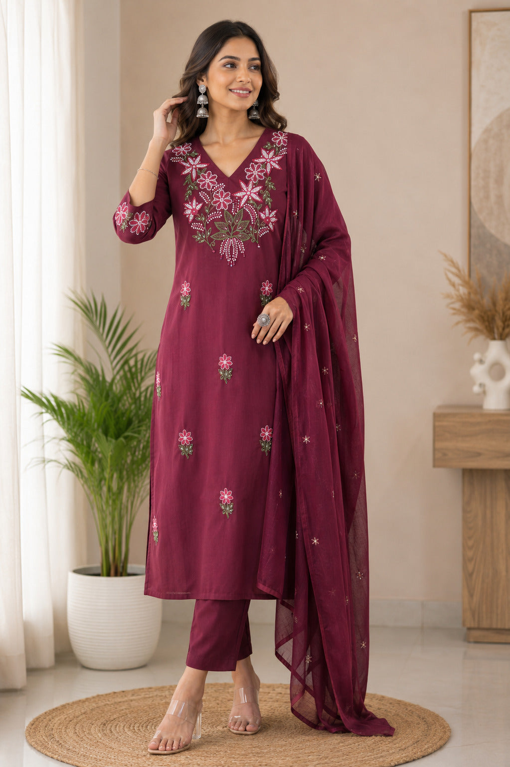 Women's Wine Embroidered Cotton Kurta With Pant & Dupatta Set