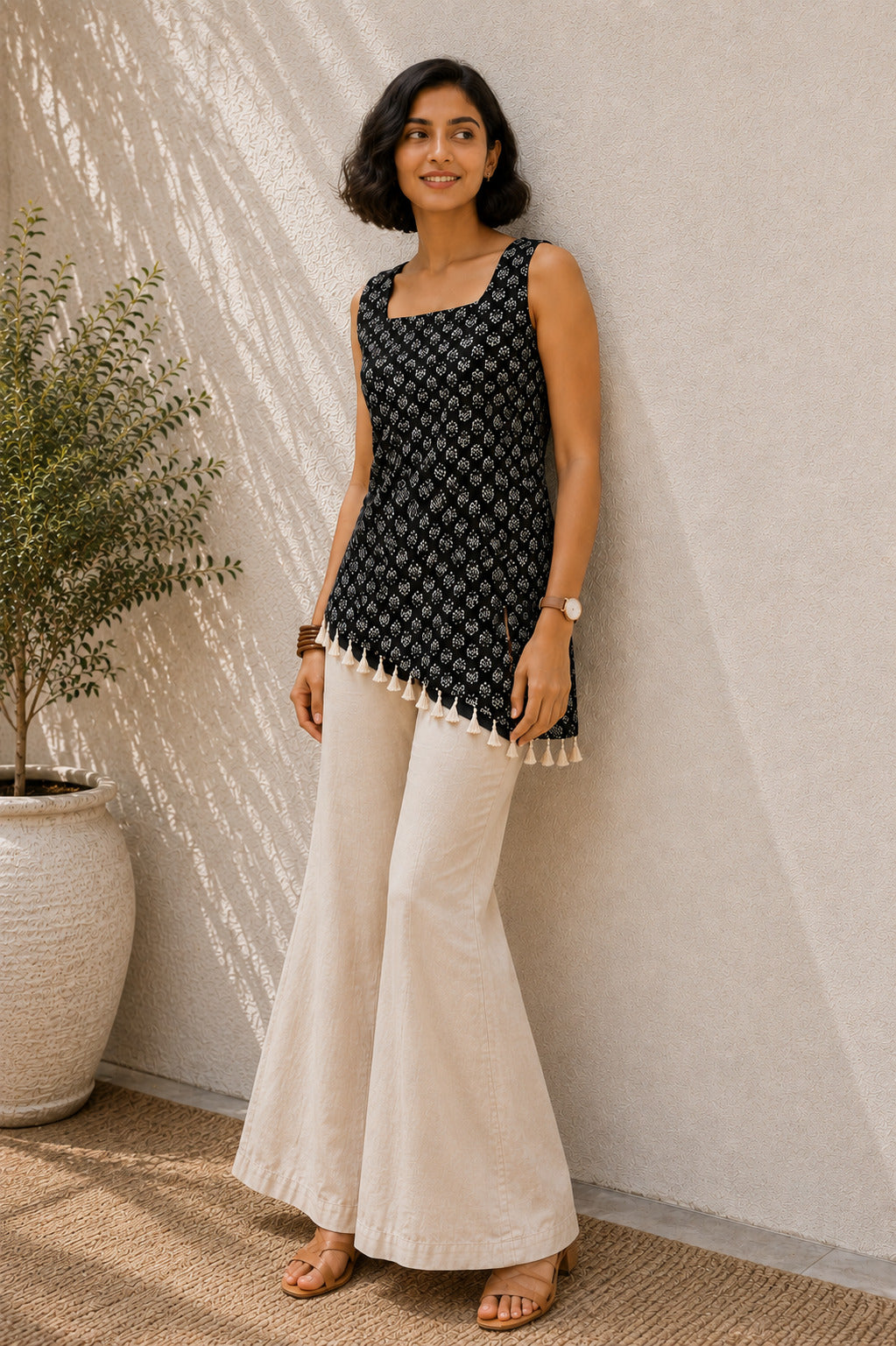 Women's Printed Asymmetric Black Top With Tassel Hem