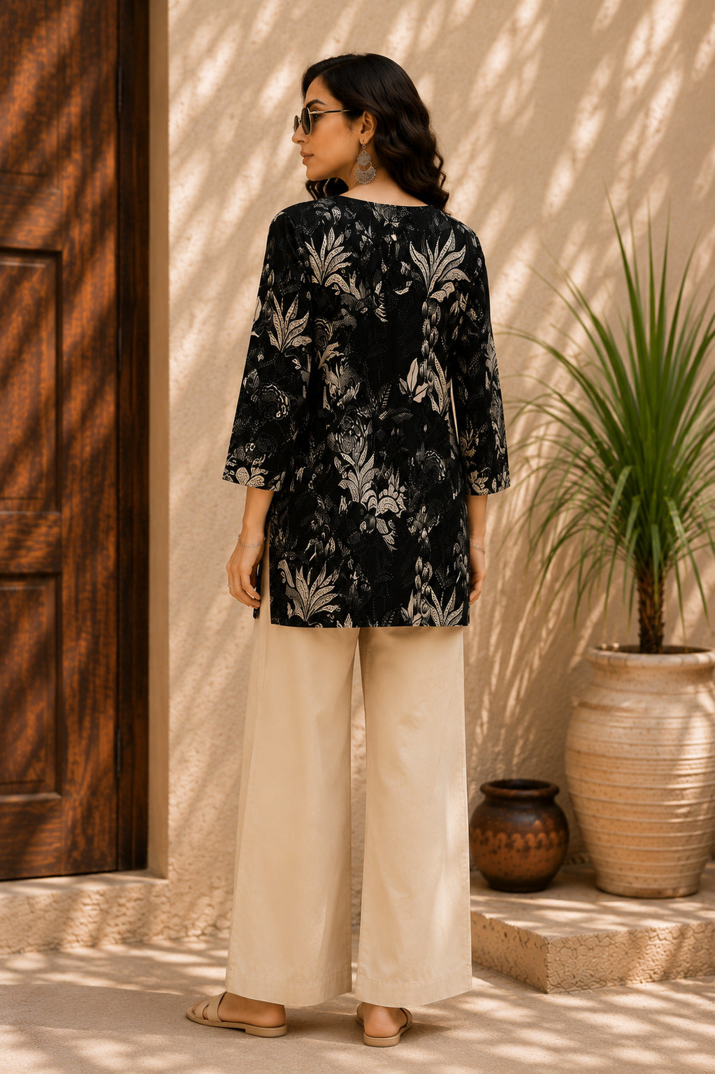 Women's Black Floral Printed Flared Sleeve Top