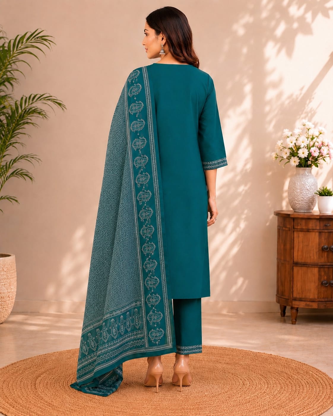 Women's Turquoise Blue Cotton Kurta Pant & Dupatta Set