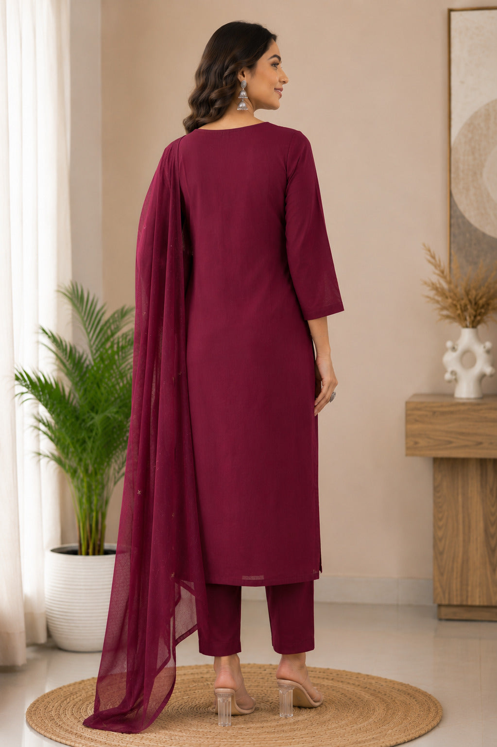 Women's Wine Embroidered Cotton Kurta With Pant & Dupatta Set