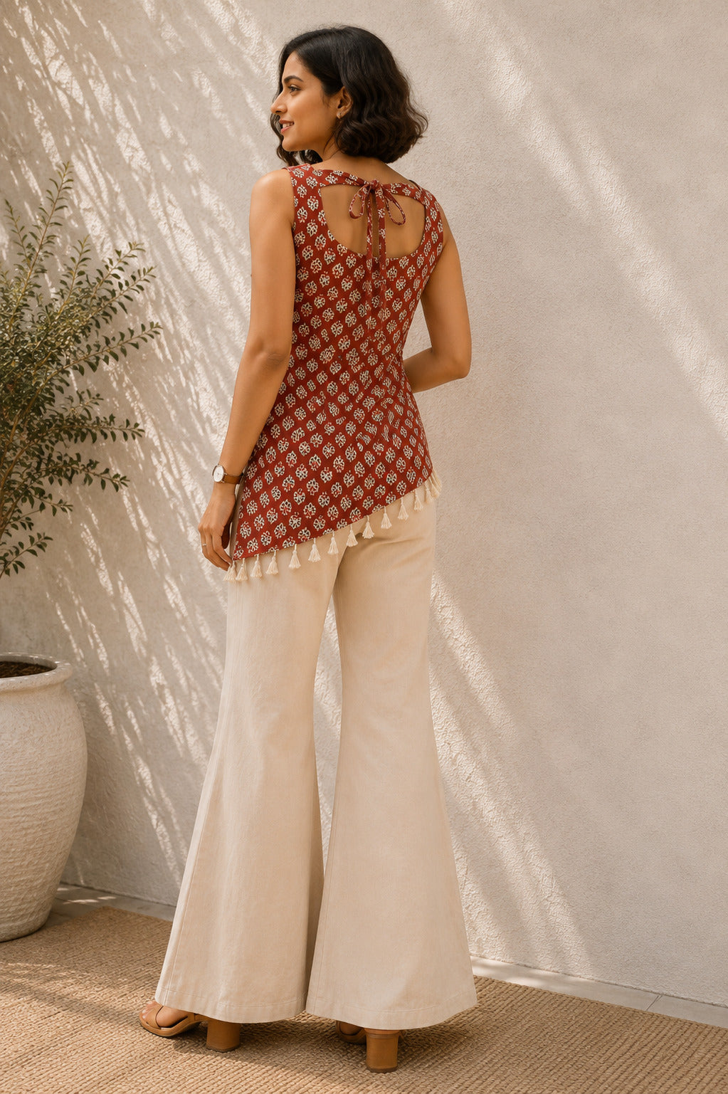 Women's Printed Asymmetric Maroon Top With Tassel Hem