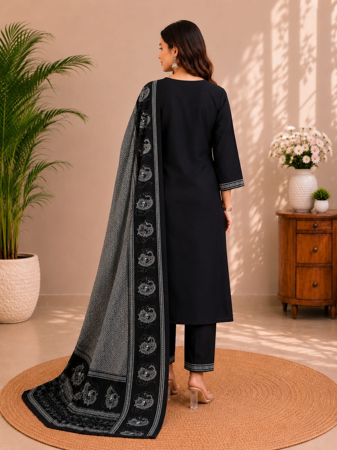 Women's Black Cotton Kurta Pant & Dupatta Set
