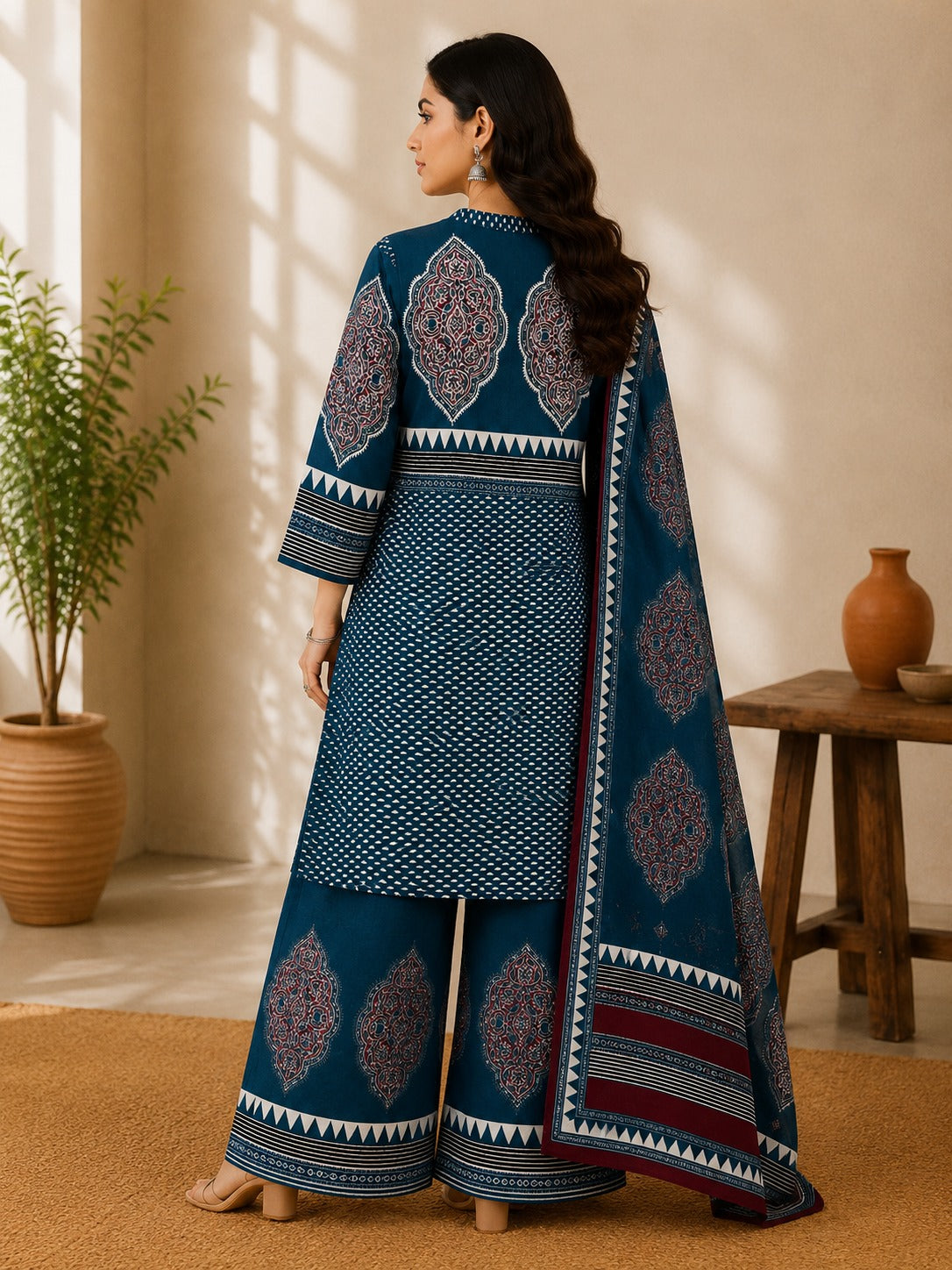 Women's Blue Straight Cotton Kurta With Palazzo & Dupatta Set