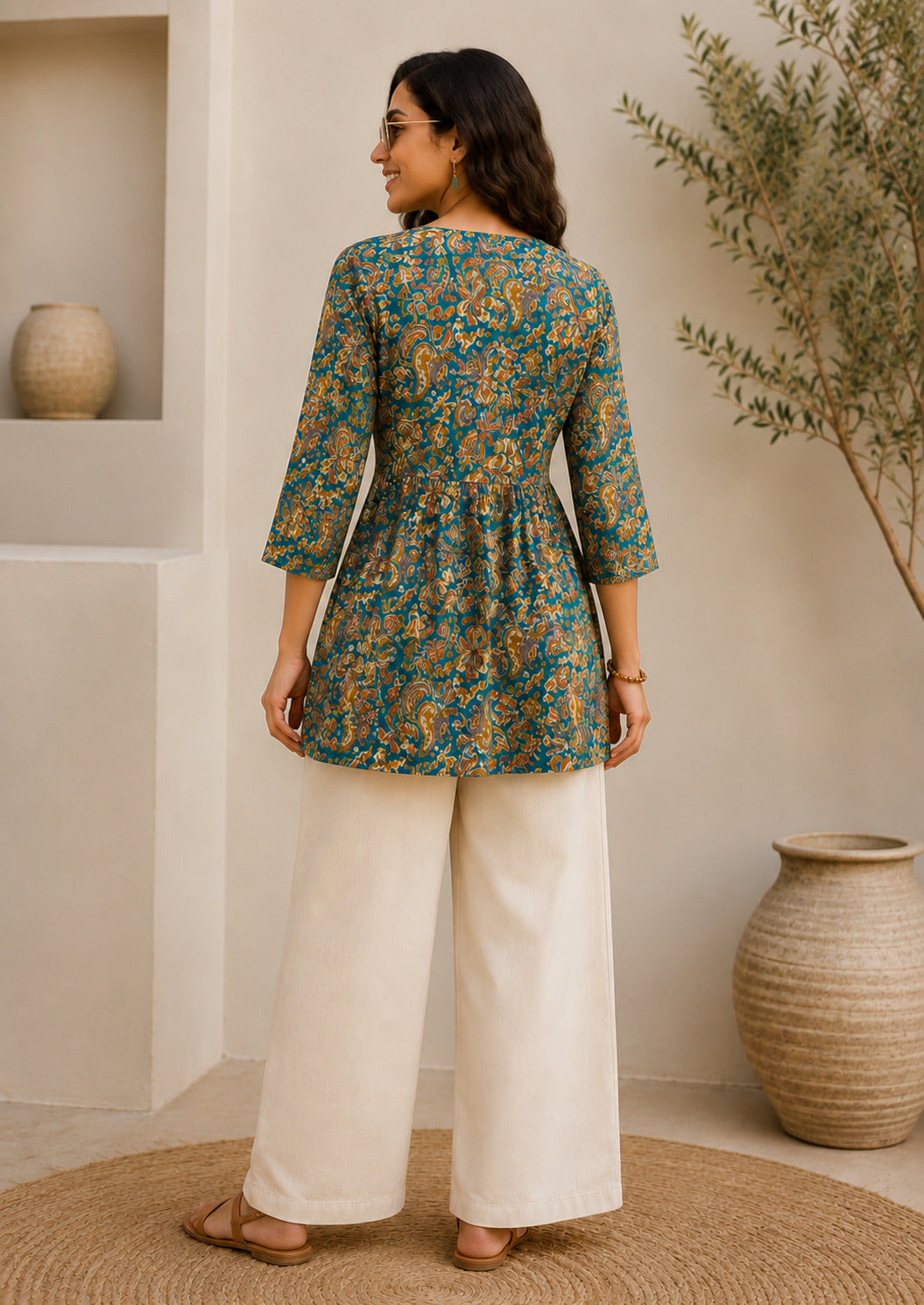 Women's Turquoise Blue Paisley Printed A-Line Top