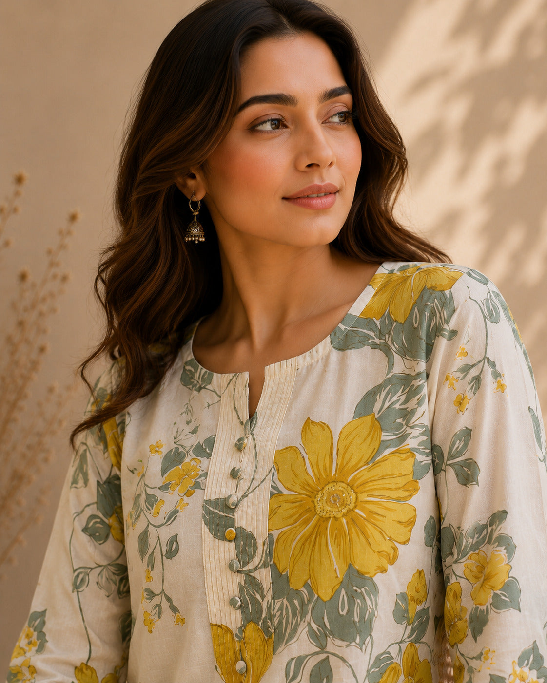 Women's Mustard Floral Print Round Neck Long Sleeve Top