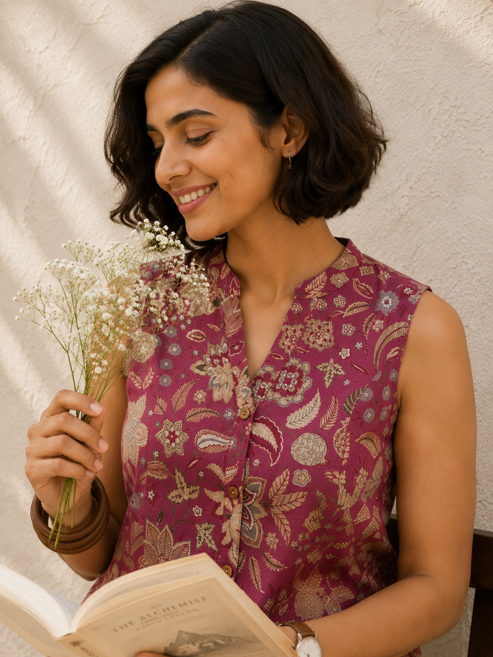 Women Mauve Pink Floral Printed Mandarin Collar Sleeveless Top