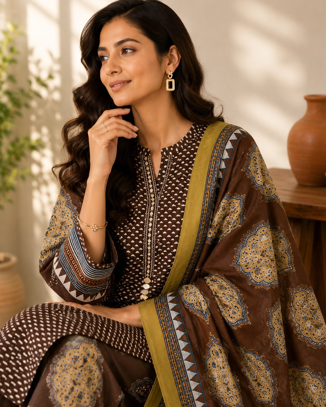 Women's Brown Straight Cotton Kurta With Palazzo & Dupatta Set