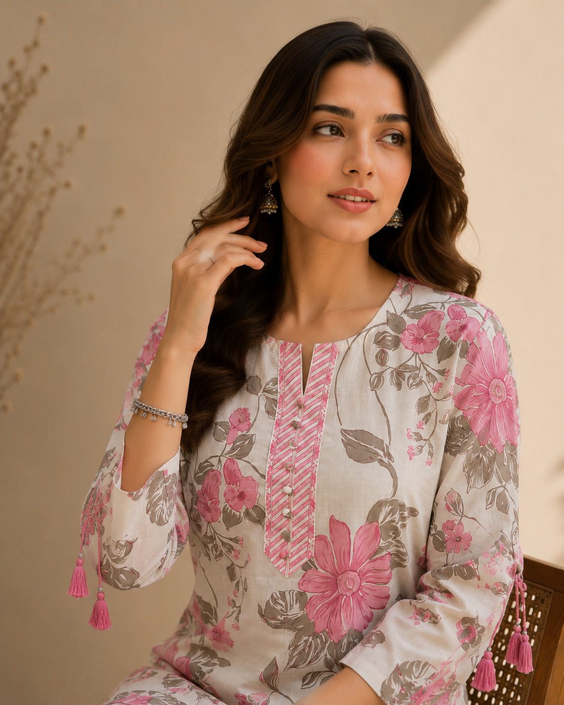 Women's Pink Floral Print Round Neck Long Sleeve Top