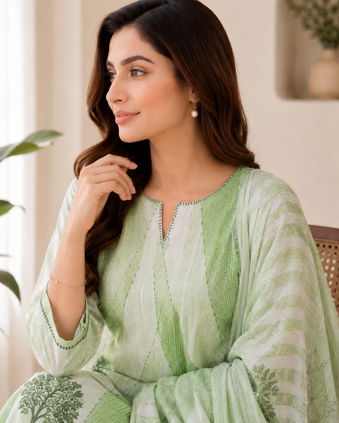 Women's Pista Green Sequined Cotton Kurta With Pant & Dupatta Set