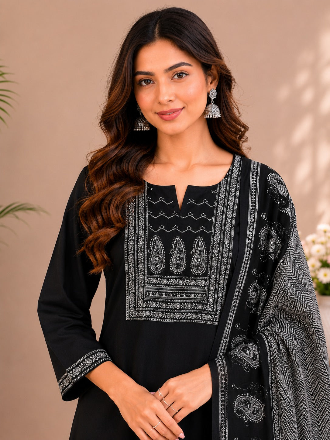 Women's Black Cotton Kurta Pant & Dupatta Set