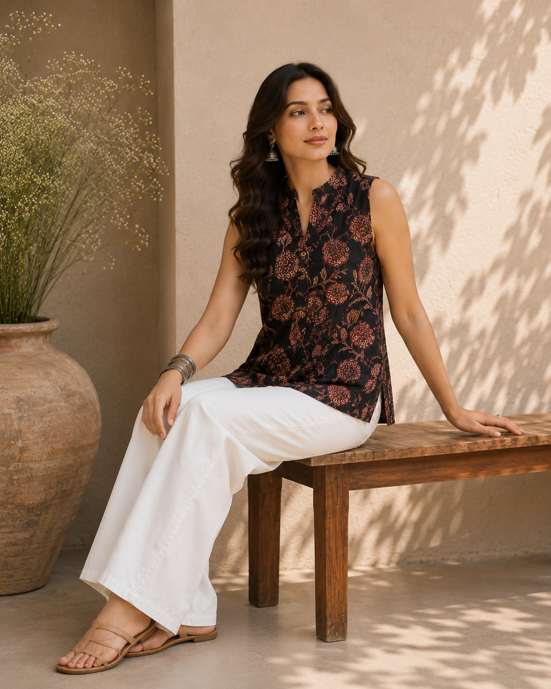 Women's Black Floral Printed V-Neck Sleeveless Top