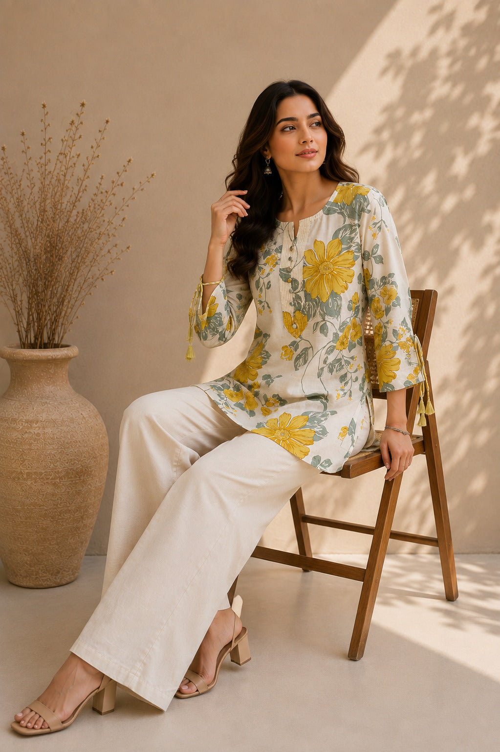 Women's Mustard Floral Print Round Neck Long Sleeve Top