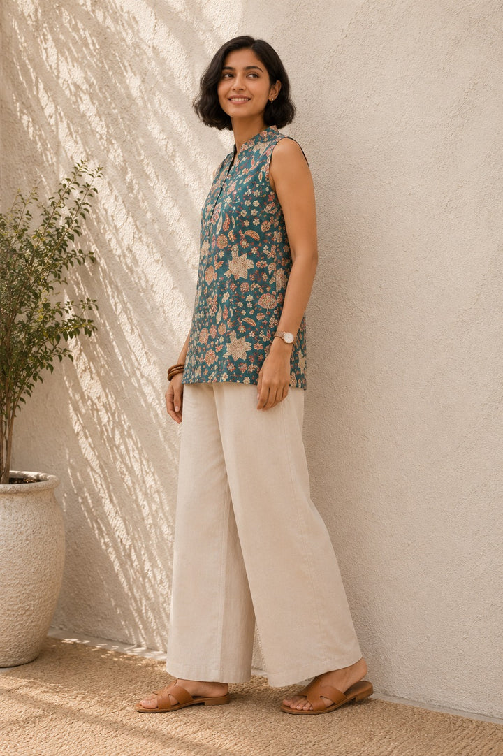 Women Sea Green Floral Printed Mandarin Collar Sleeveless Top