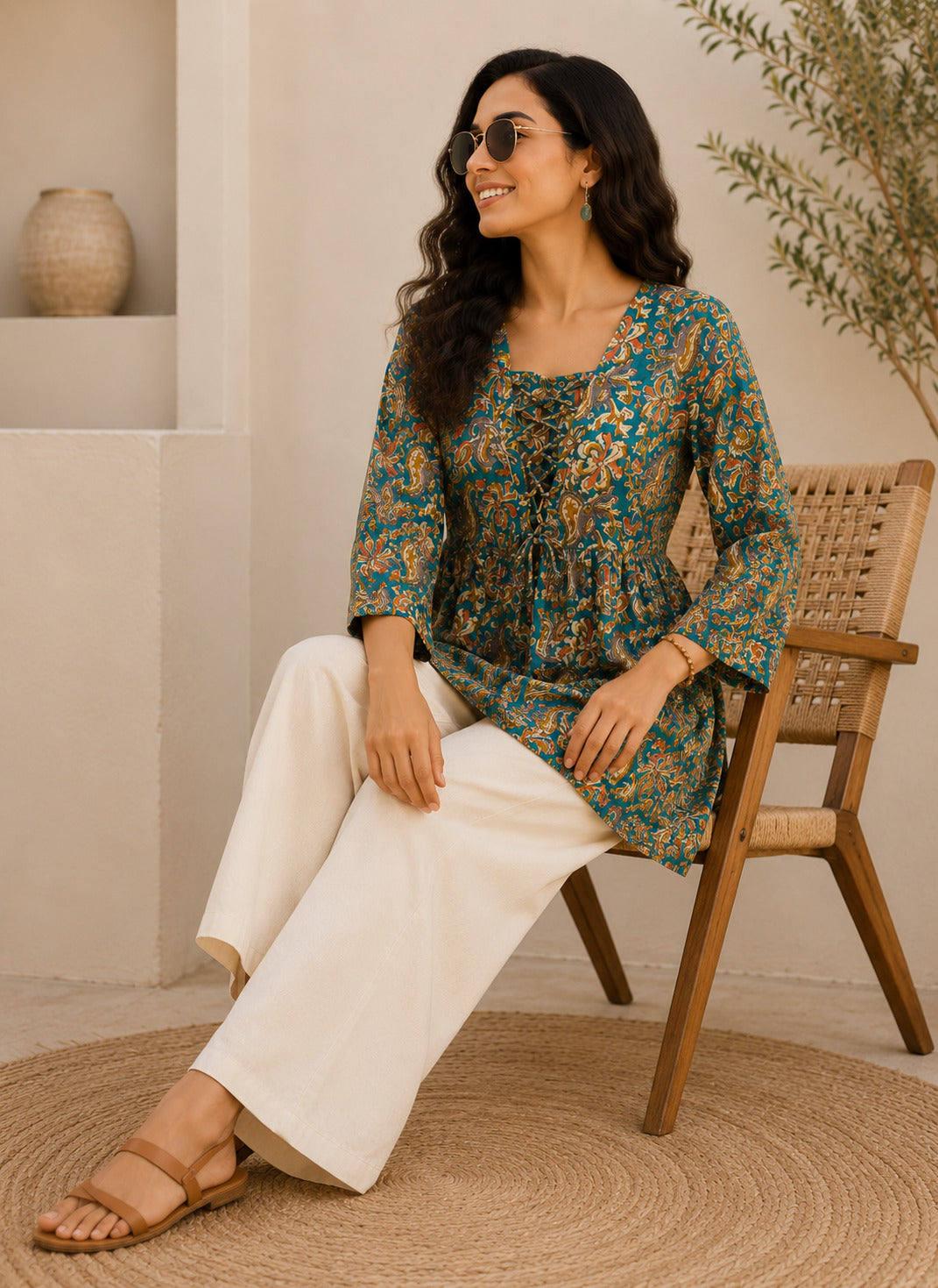 Women's Turquoise Blue Paisley Printed A-Line Top