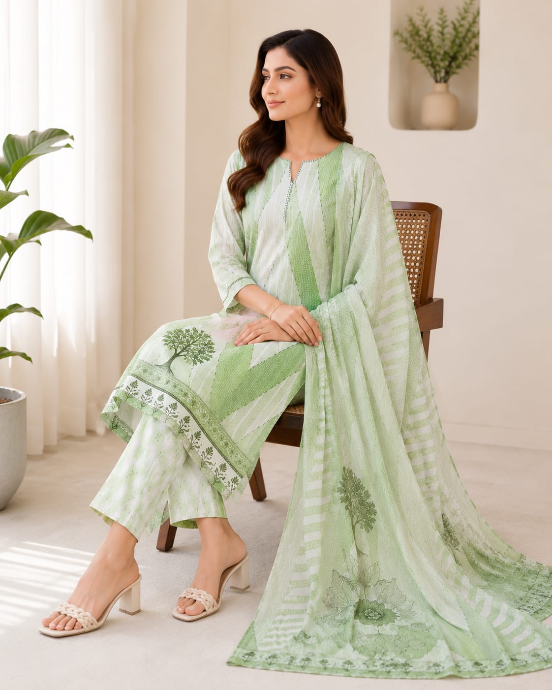 Women's Pista Green Sequined Cotton Kurta With Pant & Dupatta Set