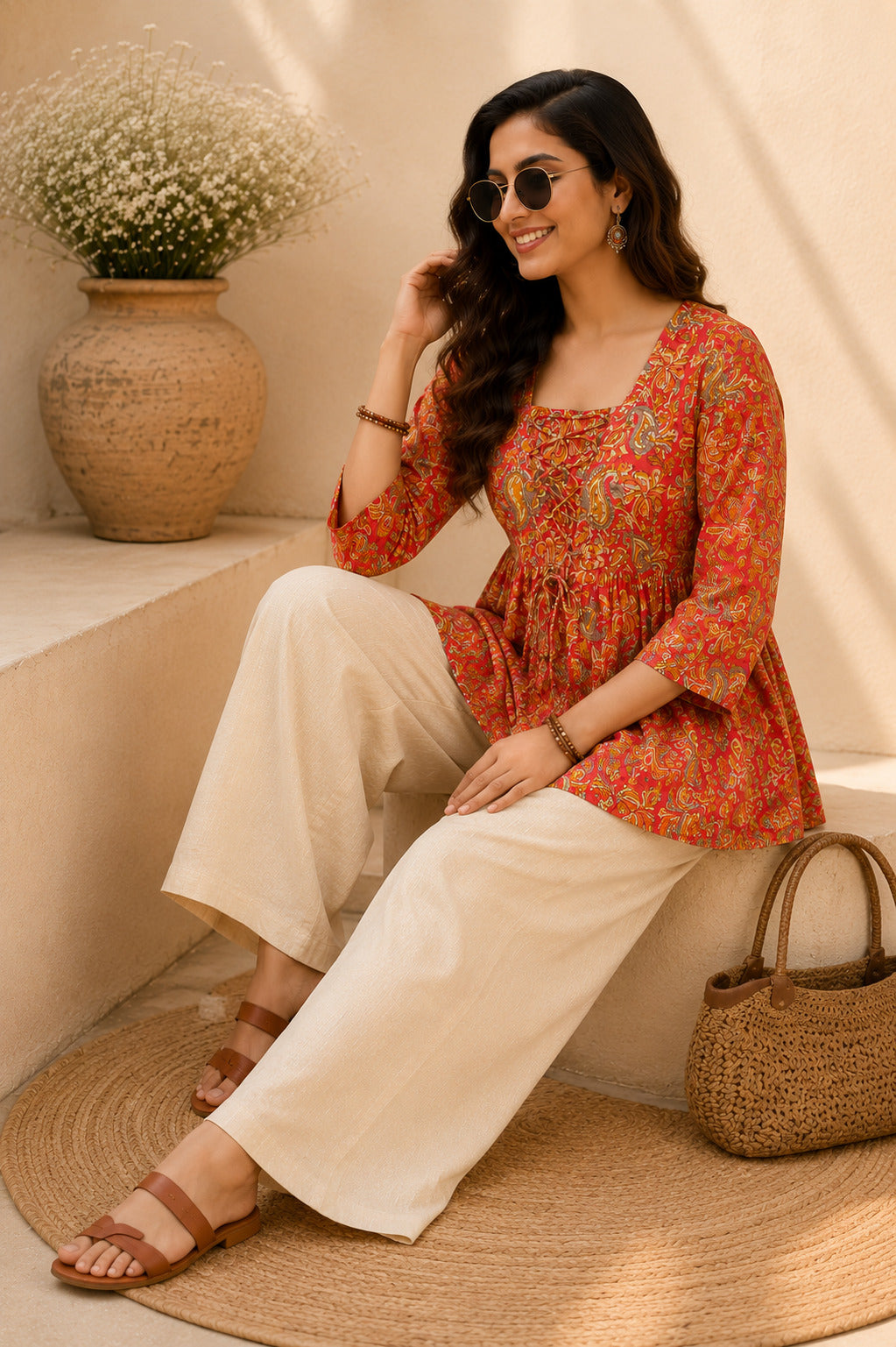 Women's Orange Paisley Printed A-Line Top