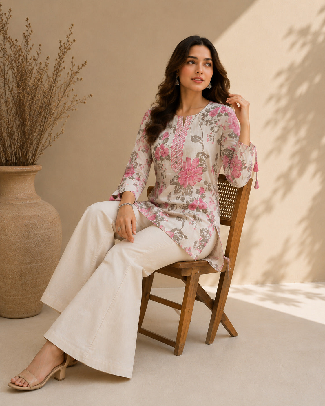 Women's Pink Floral Print Round Neck Long Sleeve Top