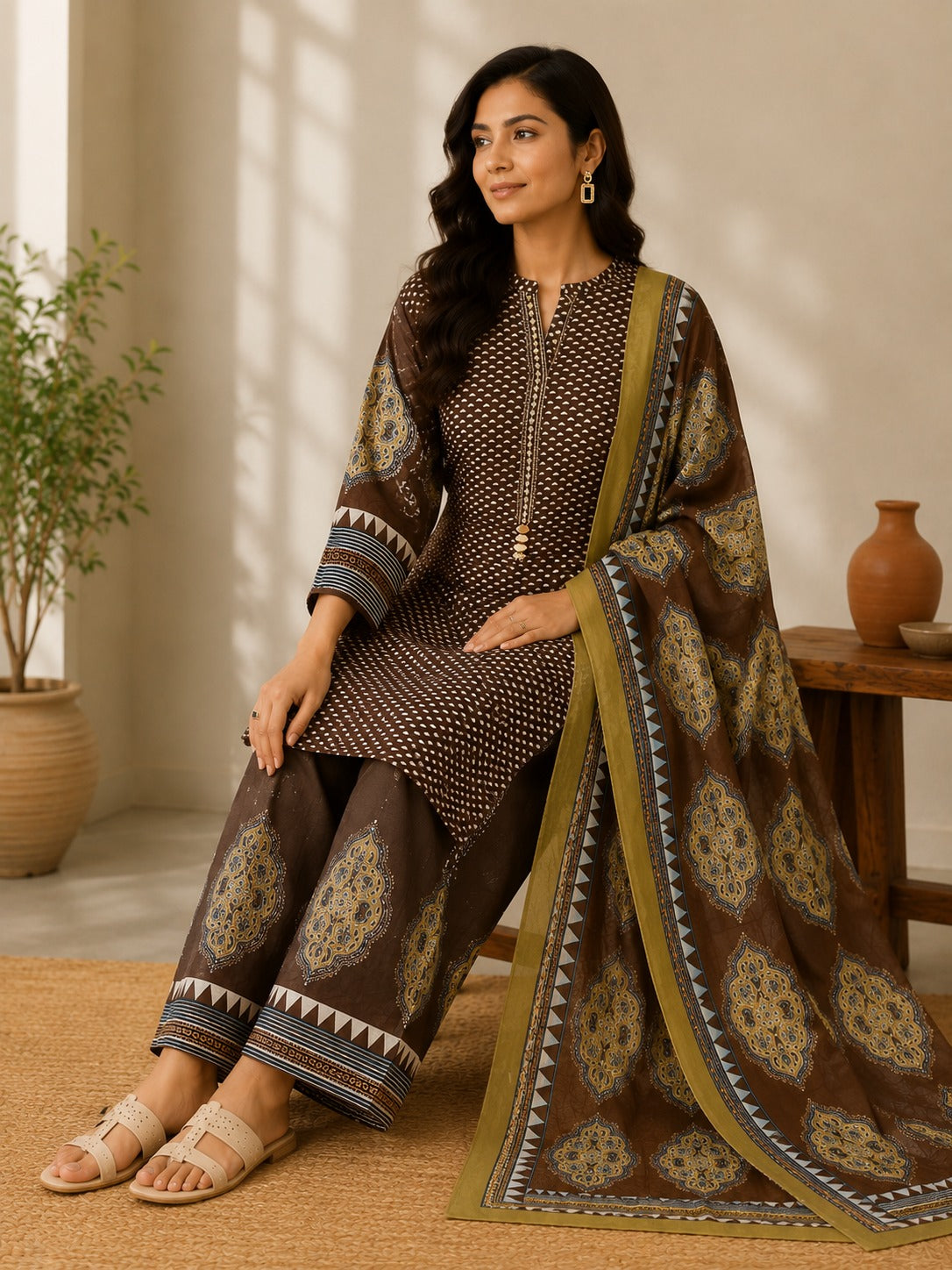 Women's Brown Straight Cotton Kurta With Palazzo & Dupatta Set