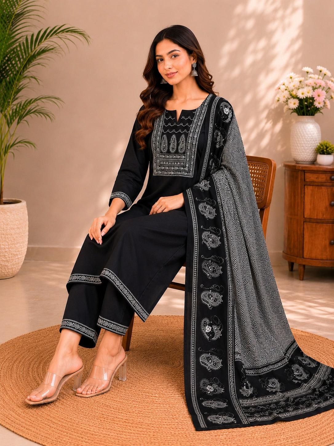 Women's Black Cotton Kurta Pant & Dupatta Set