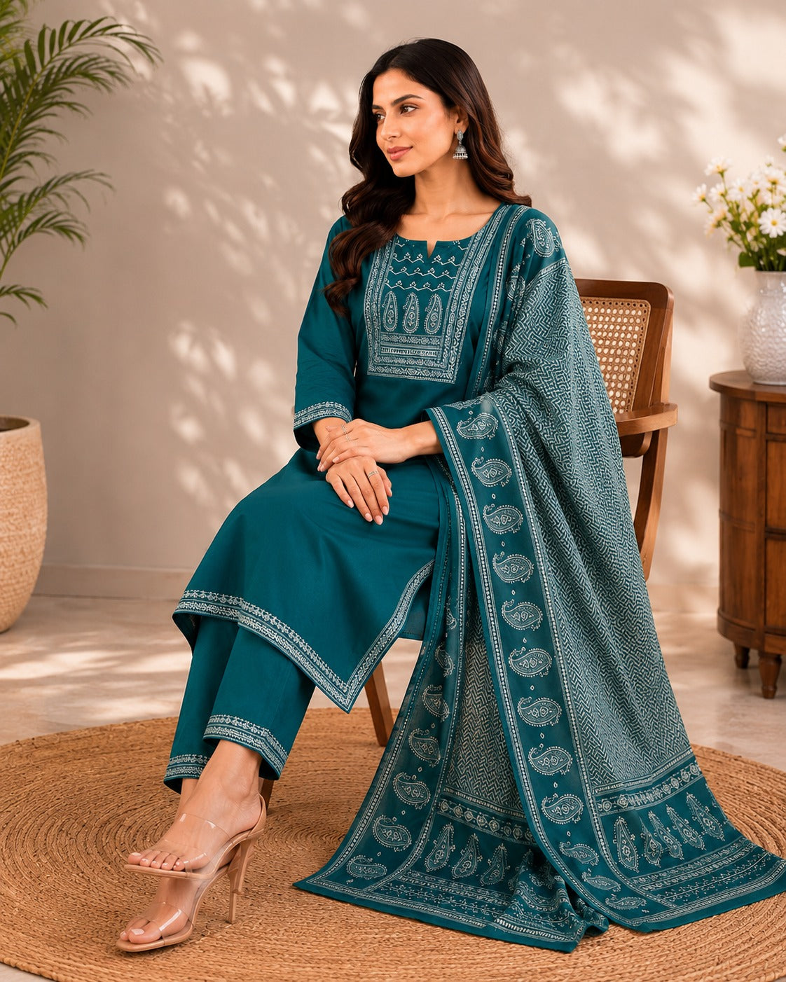 Women's Turquoise Blue Cotton Kurta Pant & Dupatta Set