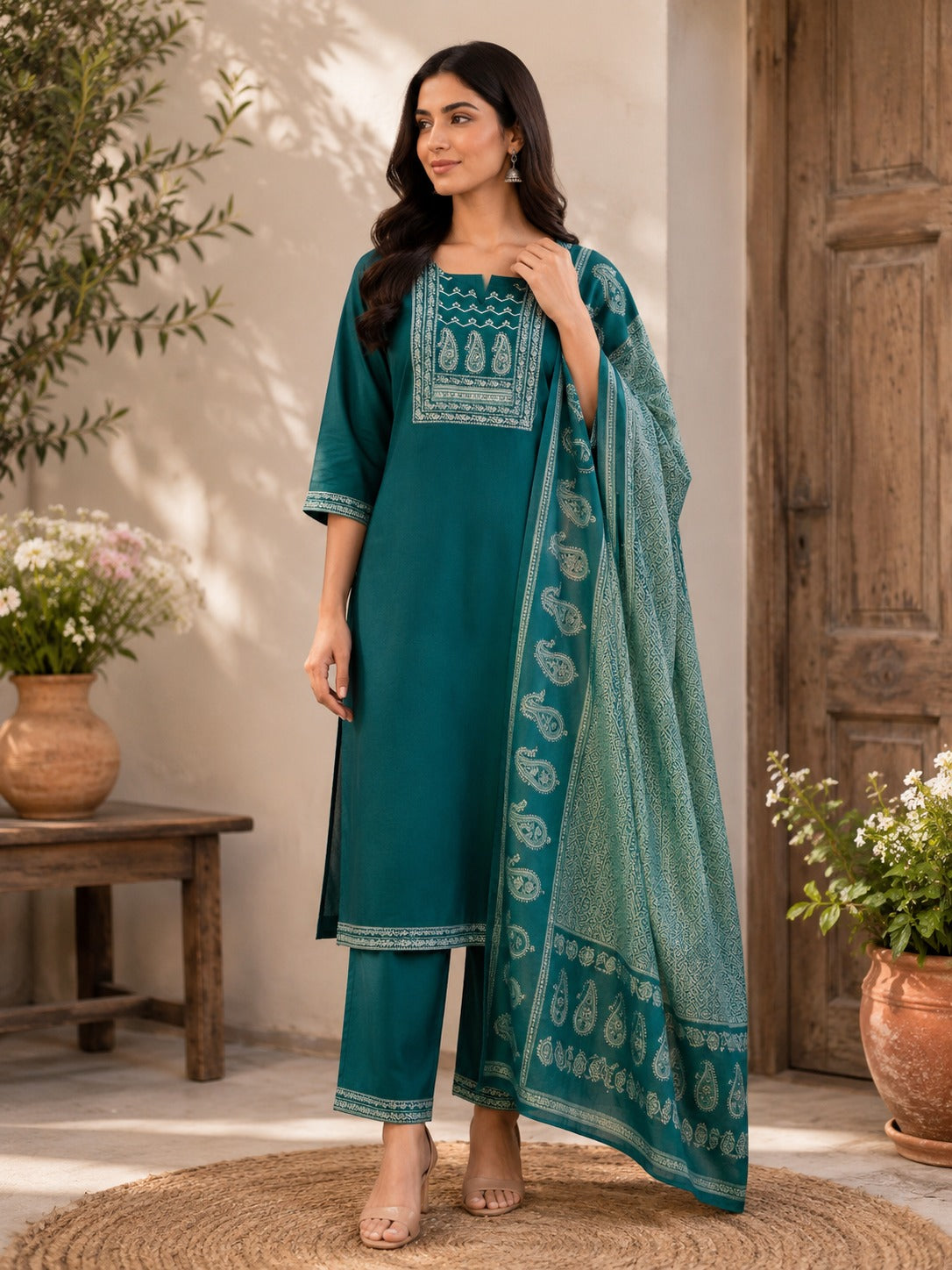 Women's Turquoise Blue Cotton Kurta Pant & Dupatta Set