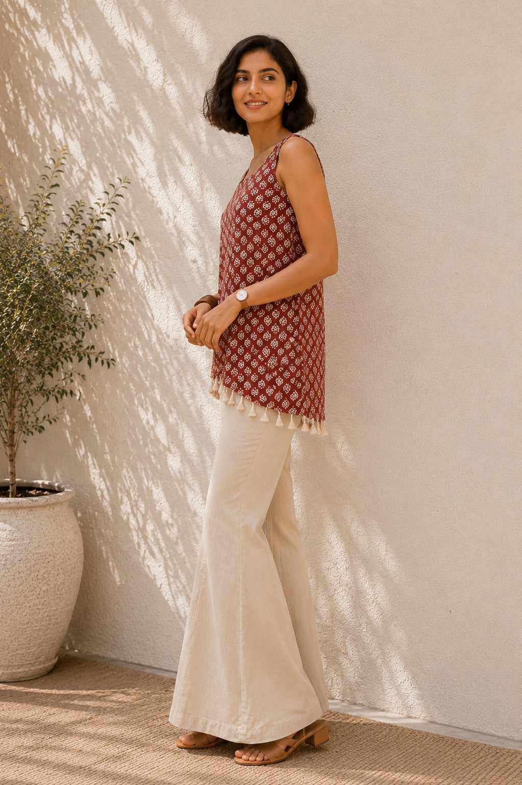 Women's Printed Asymmetric Maroon Top With Tassel Hem