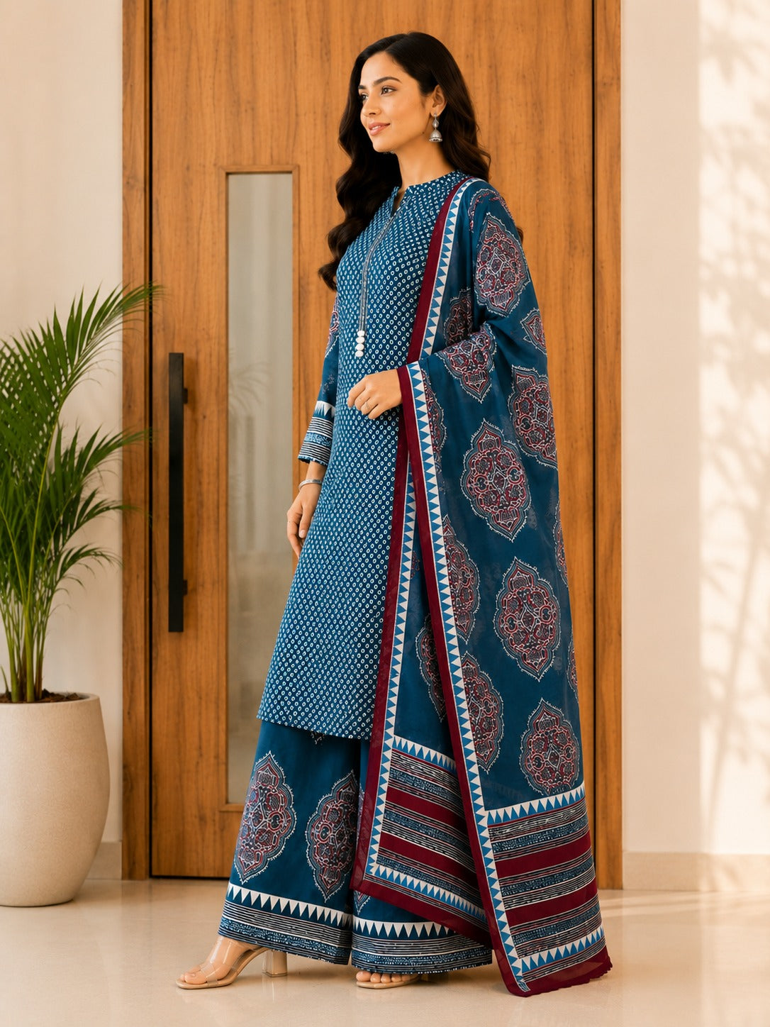 Women's Blue Straight Cotton Kurta With Palazzo & Dupatta Set