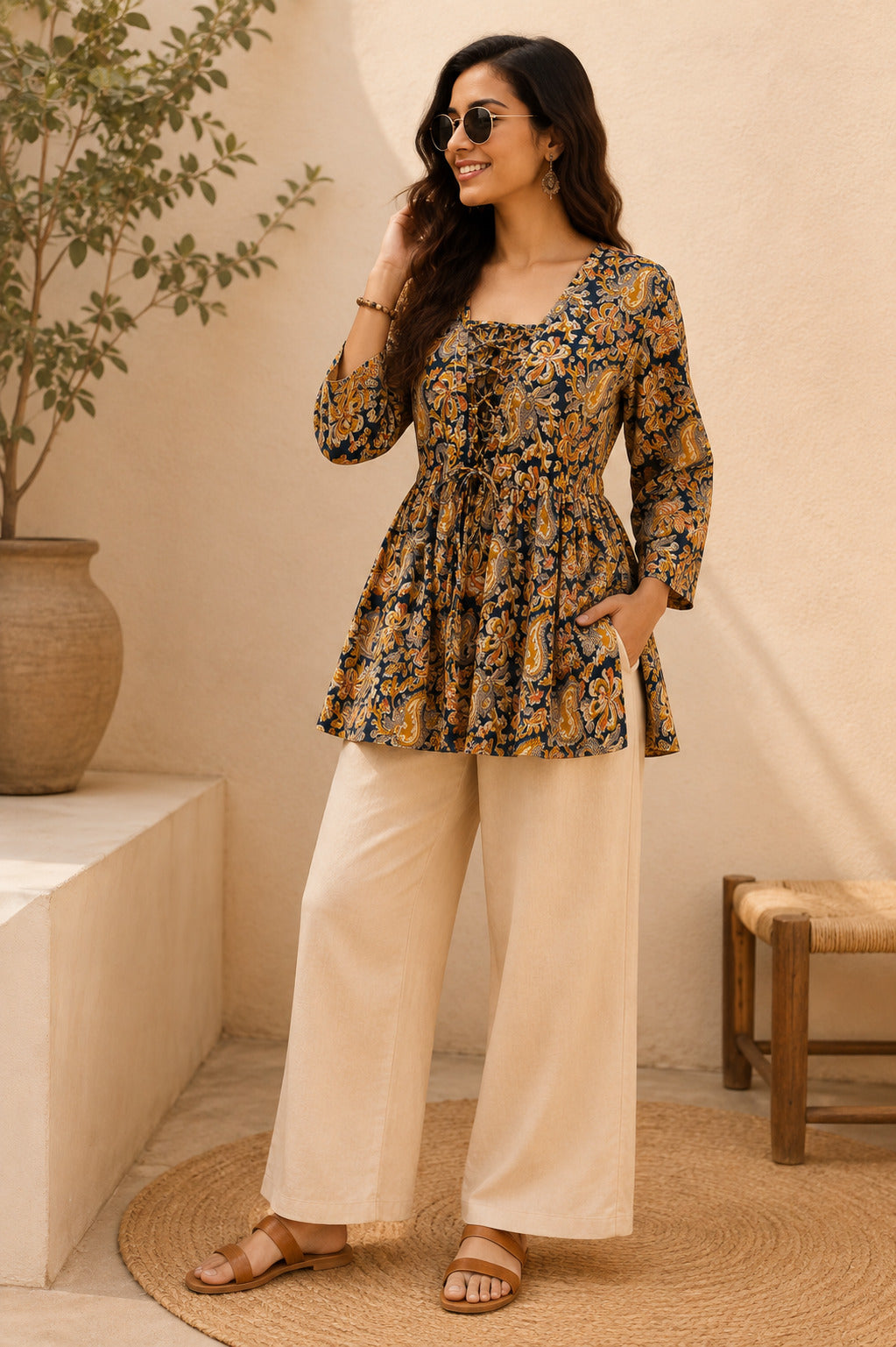 Women's Navy Blue Paisley Printed A-Line Top