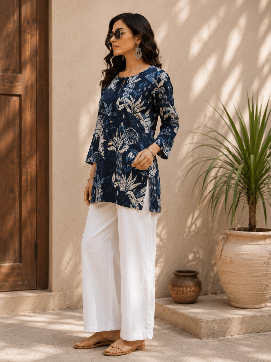 Women's Blue Floral Printed Flared Sleeve Top