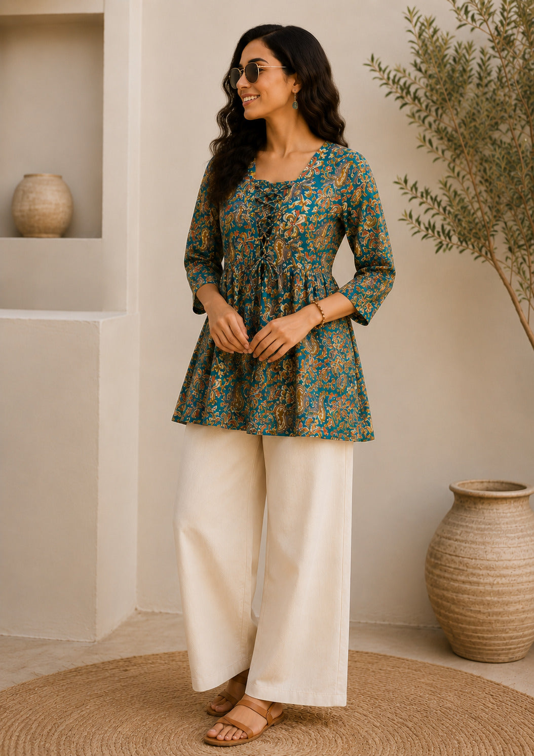 Women's Turquoise Blue Paisley Printed A-Line Top