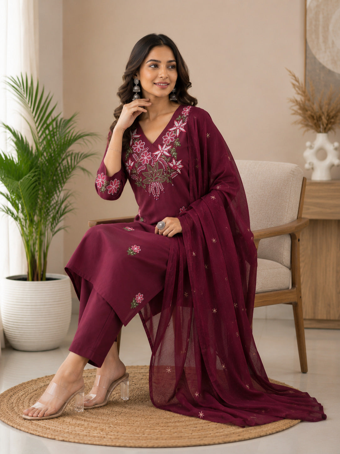 Women's Wine Embroidered Cotton Kurta With Pant & Dupatta Set