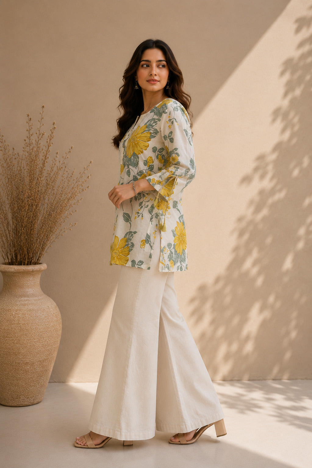 Women's Mustard Floral Print Round Neck Long Sleeve Top