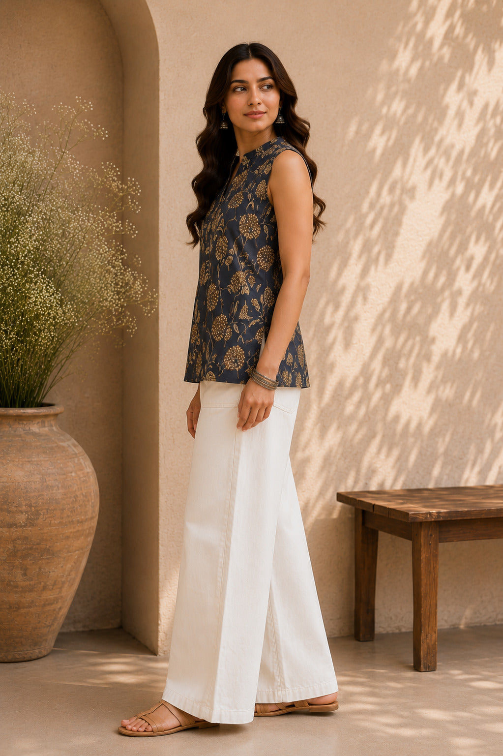 Women's Blue Floral Printed V-Neck Sleeveless Top