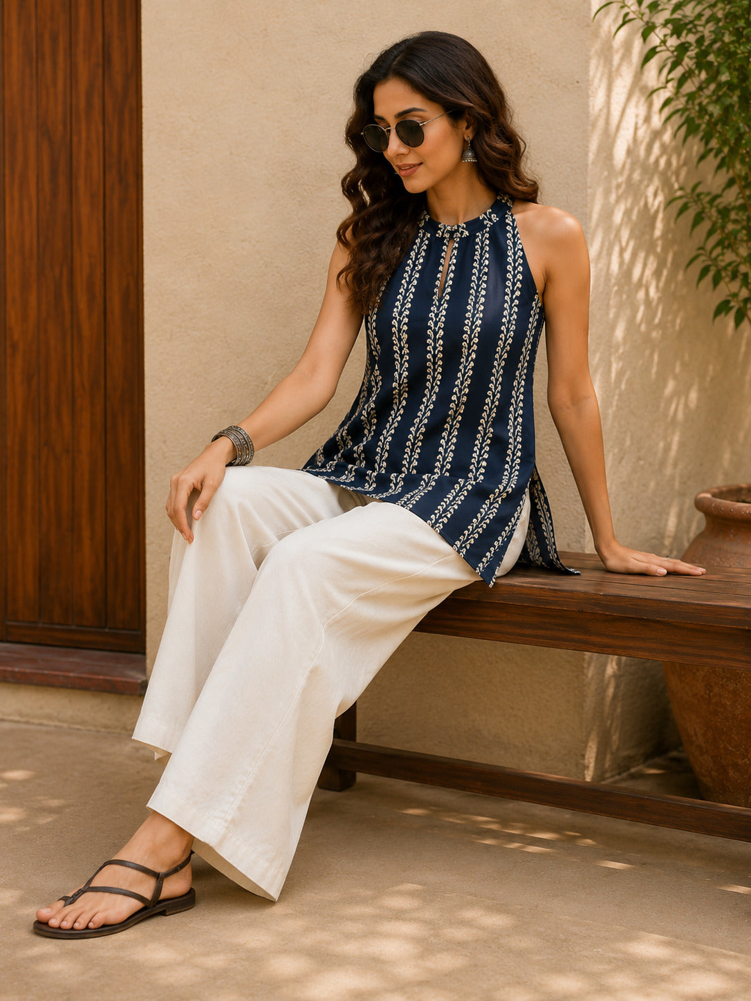 Women's Blue Striped Regular Sleeveless Top