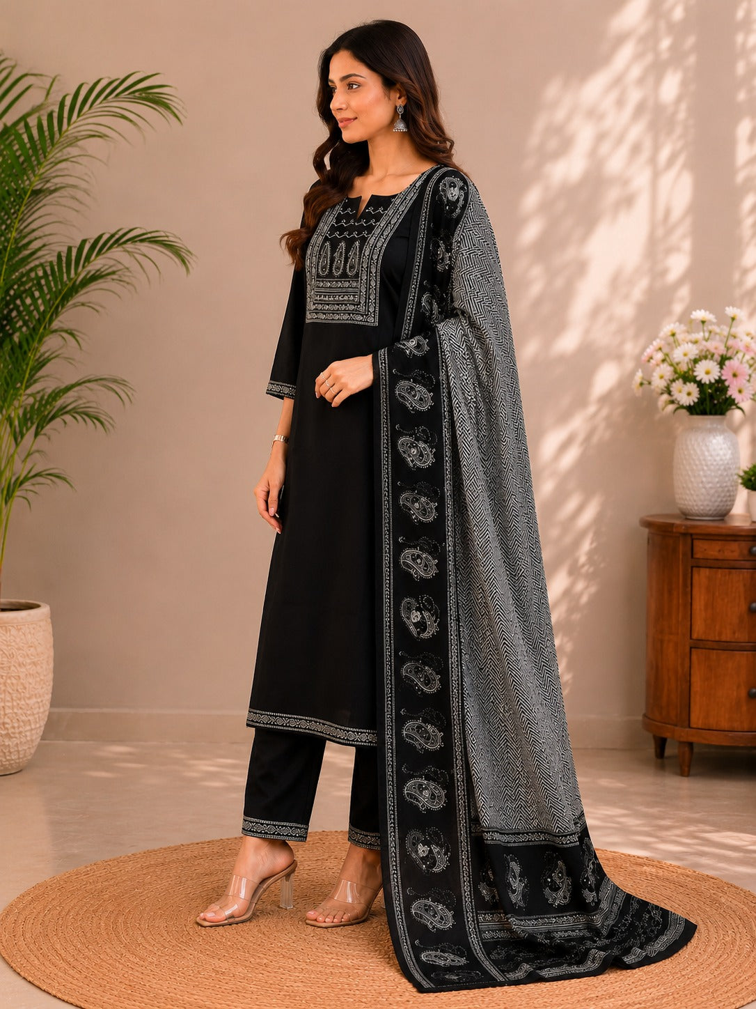 Women's Black Cotton Kurta Pant & Dupatta Set